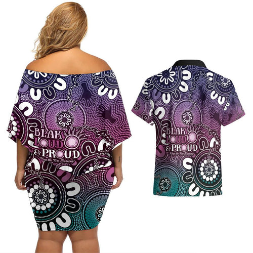 NAIDOC Week 2024 Fire Burning Couples Matching Off Shoulder Short Dress and Hawaiian Shirt Aboriginal Dots Pink Art