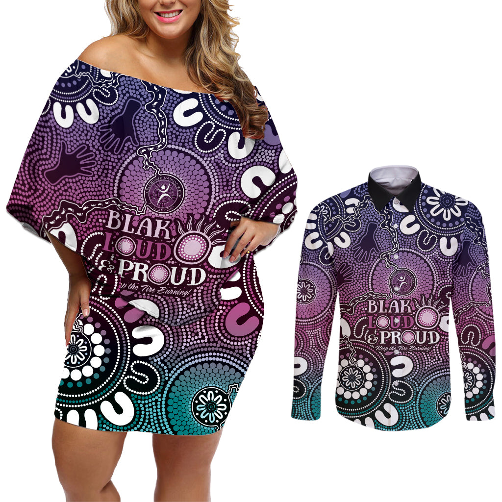 NAIDOC Week 2024 Fire Burning Couples Matching Off Shoulder Short Dress and Long Sleeve Button Shirt Aboriginal Dots Pink Art