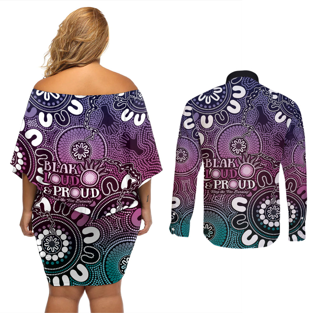 NAIDOC Week 2024 Fire Burning Couples Matching Off Shoulder Short Dress and Long Sleeve Button Shirt Aboriginal Dots Pink Art
