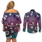 NAIDOC Week 2024 Fire Burning Couples Matching Off Shoulder Short Dress and Long Sleeve Button Shirt Aboriginal Dots Pink Art