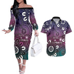 NAIDOC Week 2024 Fire Burning Couples Matching Off The Shoulder Long Sleeve Dress and Hawaiian Shirt Aboriginal Dots Pink Art
