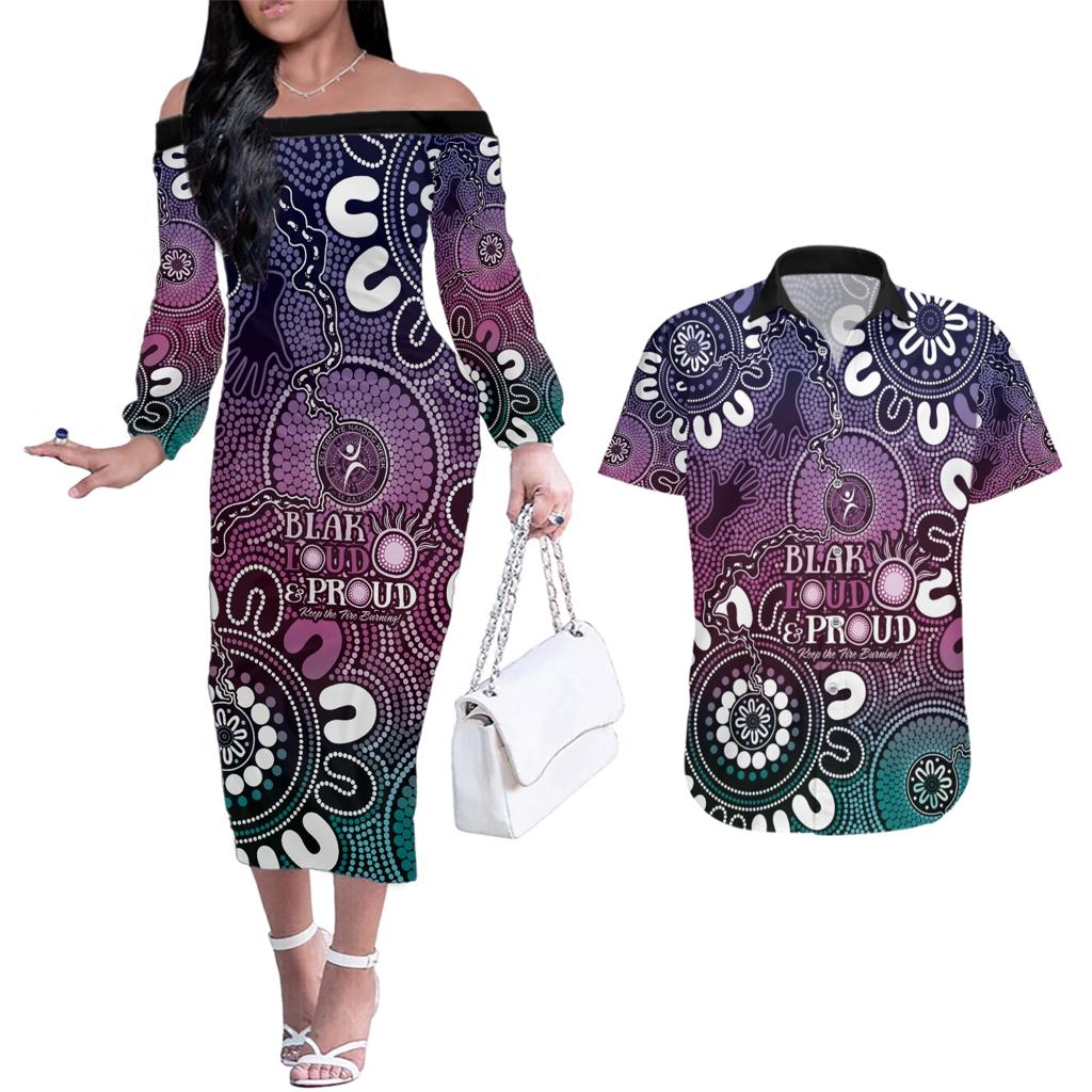 NAIDOC Week 2024 Fire Burning Couples Matching Off The Shoulder Long Sleeve Dress and Hawaiian Shirt Aboriginal Dots Pink Art