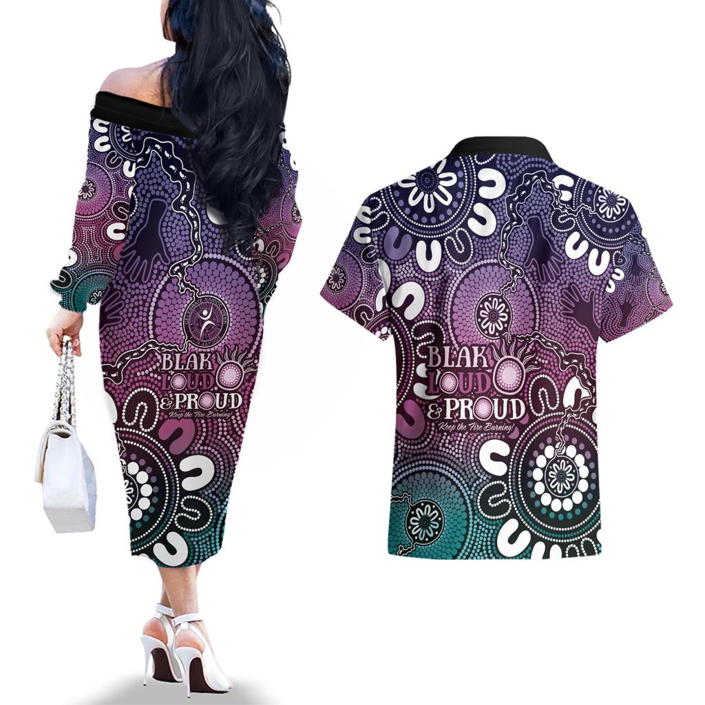 NAIDOC Week 2024 Fire Burning Couples Matching Off The Shoulder Long Sleeve Dress and Hawaiian Shirt Aboriginal Dots Pink Art