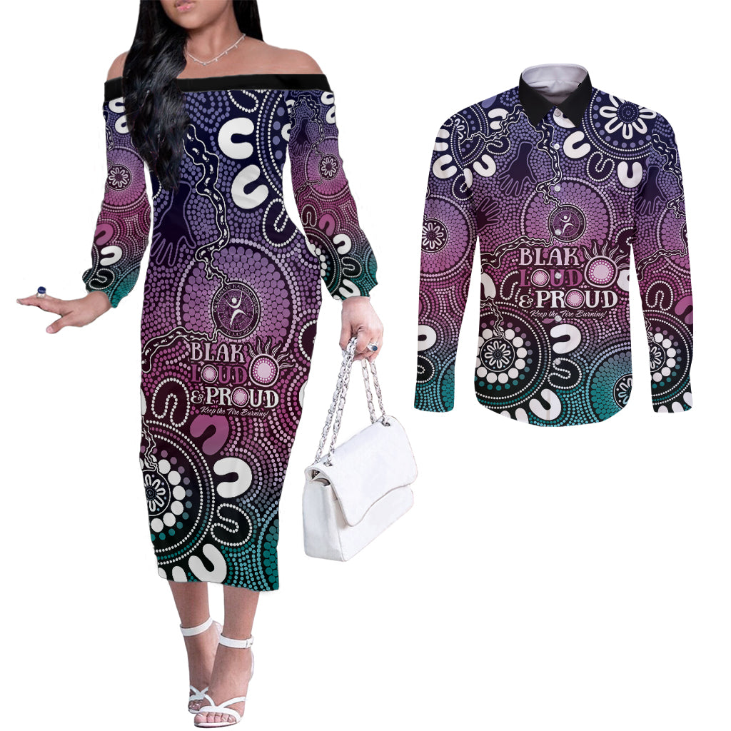 NAIDOC Week 2024 Fire Burning Couples Matching Off The Shoulder Long Sleeve Dress and Long Sleeve Button Shirt Aboriginal Dots Pink Art