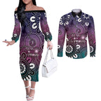 NAIDOC Week 2024 Fire Burning Couples Matching Off The Shoulder Long Sleeve Dress and Long Sleeve Button Shirt Aboriginal Dots Pink Art