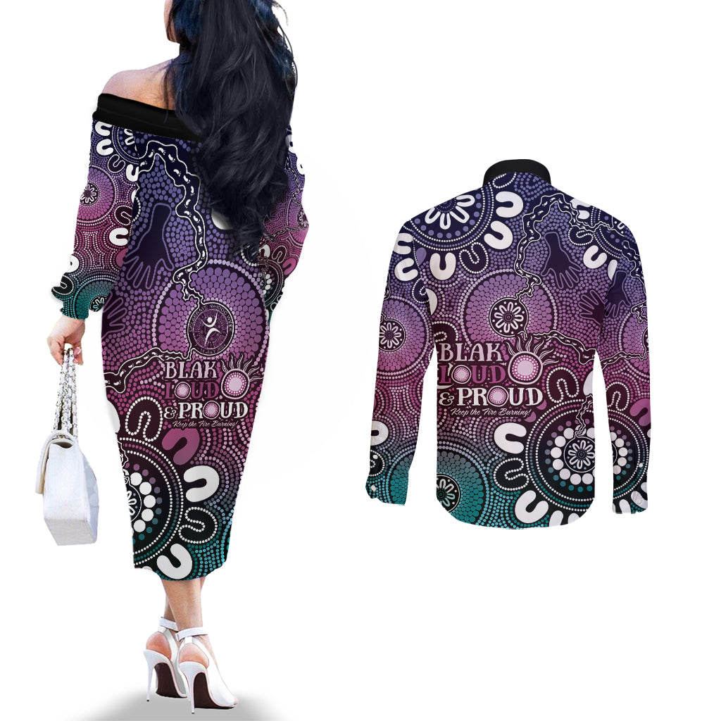 NAIDOC Week 2024 Fire Burning Couples Matching Off The Shoulder Long Sleeve Dress and Long Sleeve Button Shirt Aboriginal Dots Pink Art
