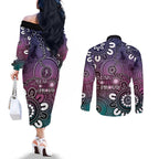 NAIDOC Week 2024 Fire Burning Couples Matching Off The Shoulder Long Sleeve Dress and Long Sleeve Button Shirt Aboriginal Dots Pink Art