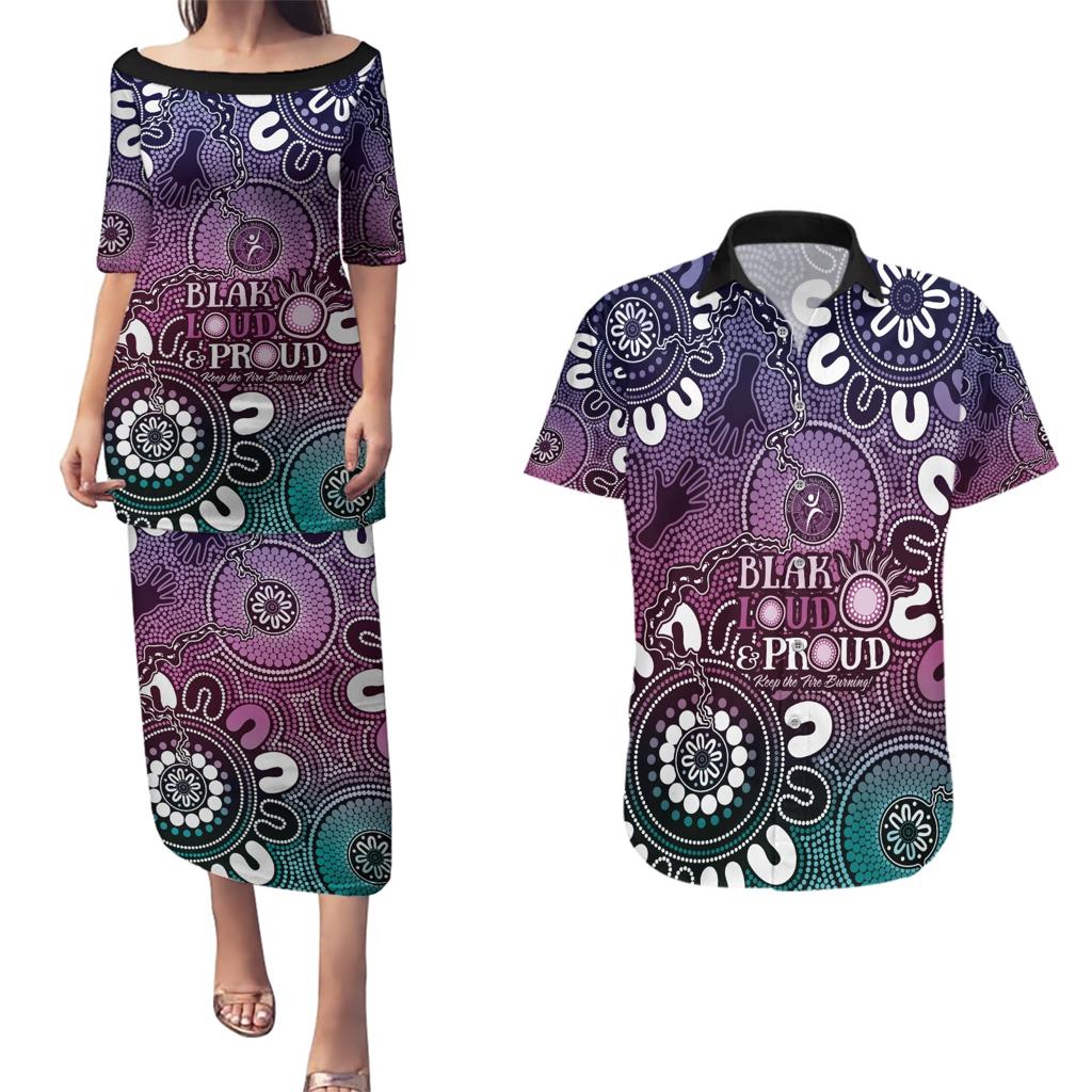NAIDOC Week 2024 Fire Burning Couples Matching Puletasi and Hawaiian Shirt Aboriginal Dots Pink Art