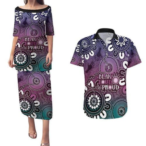 NAIDOC Week 2024 Fire Burning Couples Matching Puletasi and Hawaiian Shirt Aboriginal Dots Pink Art