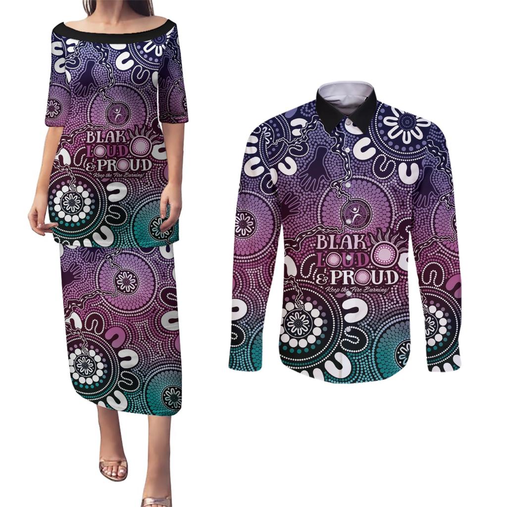 NAIDOC Week 2024 Fire Burning Couples Matching Puletasi and Long Sleeve Button Shirt Aboriginal Dots Pink Art