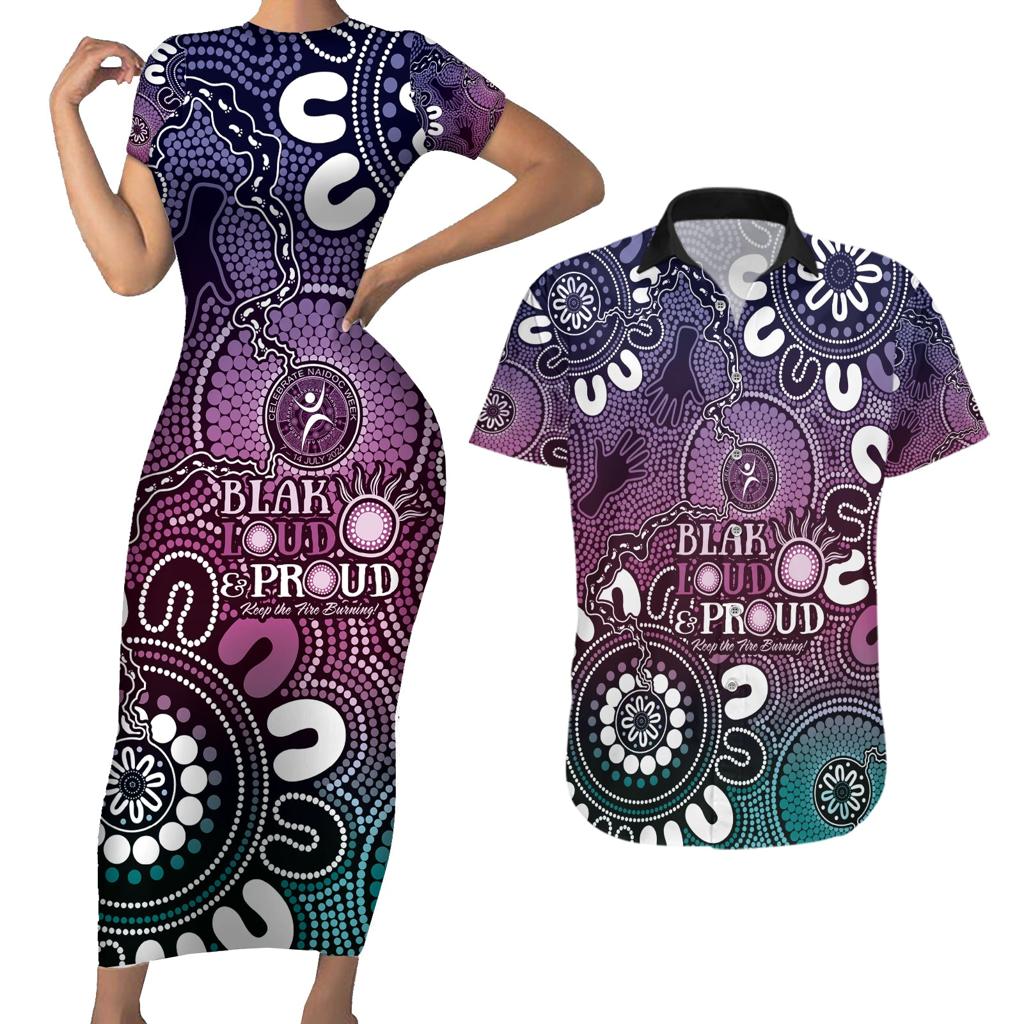 NAIDOC Week 2024 Fire Burning Couples Matching Short Sleeve Bodycon Dress and Hawaiian Shirt Aboriginal Dots Pink Art