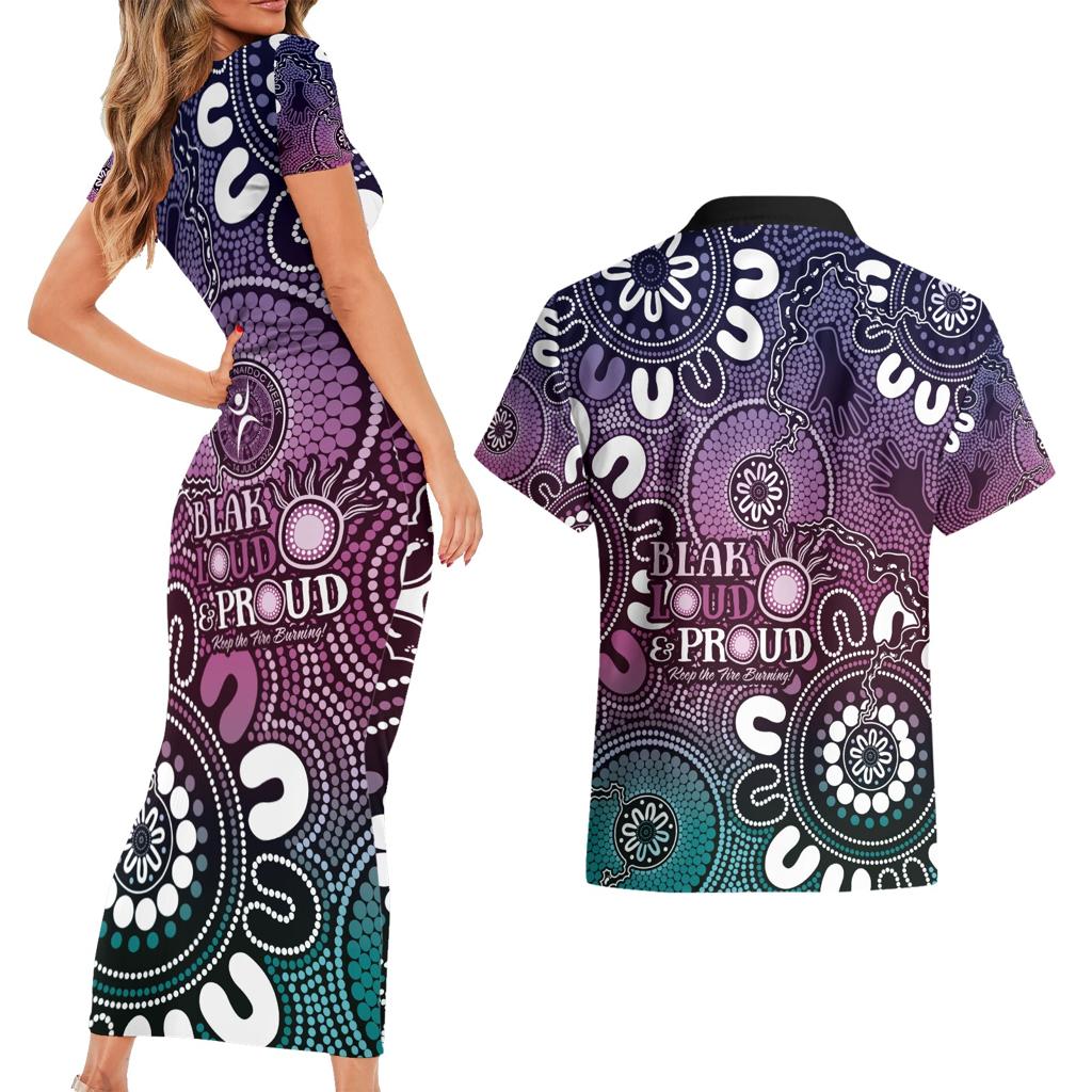 NAIDOC Week 2024 Fire Burning Couples Matching Short Sleeve Bodycon Dress and Hawaiian Shirt Aboriginal Dots Pink Art