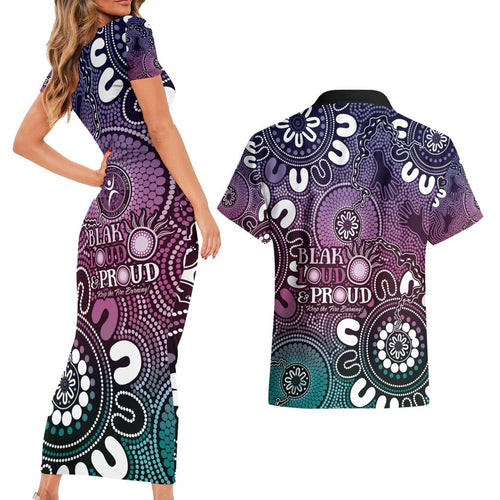 NAIDOC Week 2024 Fire Burning Couples Matching Short Sleeve Bodycon Dress and Hawaiian Shirt Aboriginal Dots Pink Art