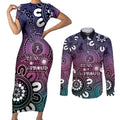 NAIDOC Week 2024 Fire Burning Couples Matching Short Sleeve Bodycon Dress and Long Sleeve Button Shirt Aboriginal Dots Pink Art