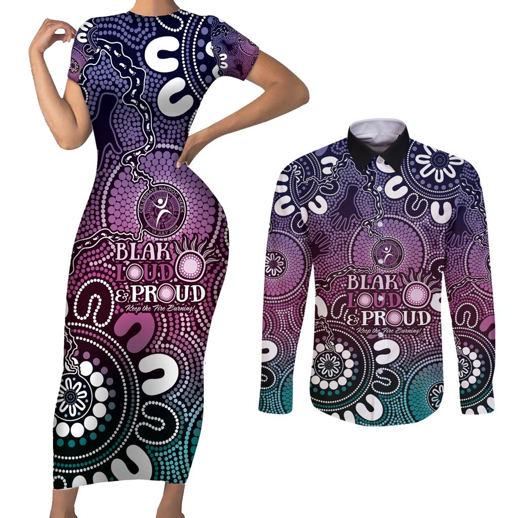 NAIDOC Week 2024 Fire Burning Couples Matching Short Sleeve Bodycon Dress and Long Sleeve Button Shirt Aboriginal Dots Pink Art