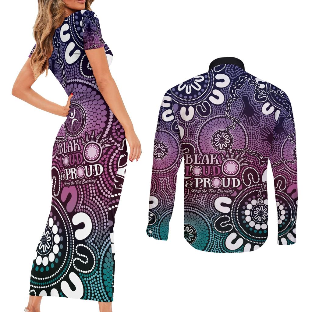 NAIDOC Week 2024 Fire Burning Couples Matching Short Sleeve Bodycon Dress and Long Sleeve Button Shirt Aboriginal Dots Pink Art