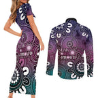 NAIDOC Week 2024 Fire Burning Couples Matching Short Sleeve Bodycon Dress and Long Sleeve Button Shirt Aboriginal Dots Pink Art