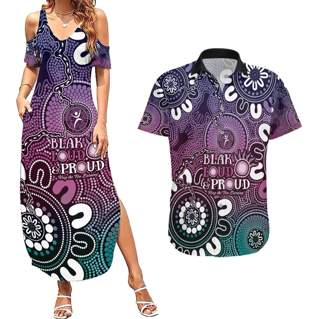 NAIDOC Week 2024 Fire Burning Couples Matching Summer Maxi Dress and Hawaiian Shirt Aboriginal Dots Pink Art