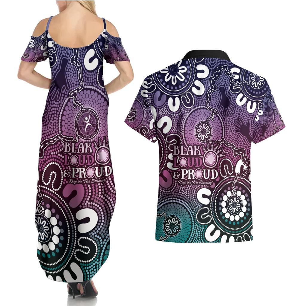 NAIDOC Week 2024 Fire Burning Couples Matching Summer Maxi Dress and Hawaiian Shirt Aboriginal Dots Pink Art