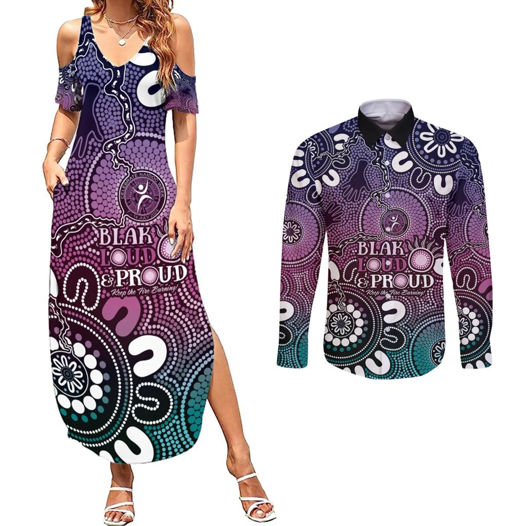 NAIDOC Week 2024 Fire Burning Couples Matching Summer Maxi Dress and Long Sleeve Button Shirt Aboriginal Dots Pink Art