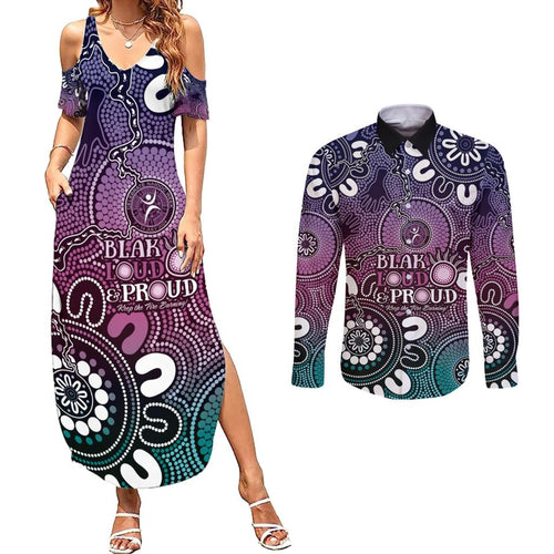 NAIDOC Week 2024 Fire Burning Couples Matching Summer Maxi Dress and Long Sleeve Button Shirt Aboriginal Dots Pink Art