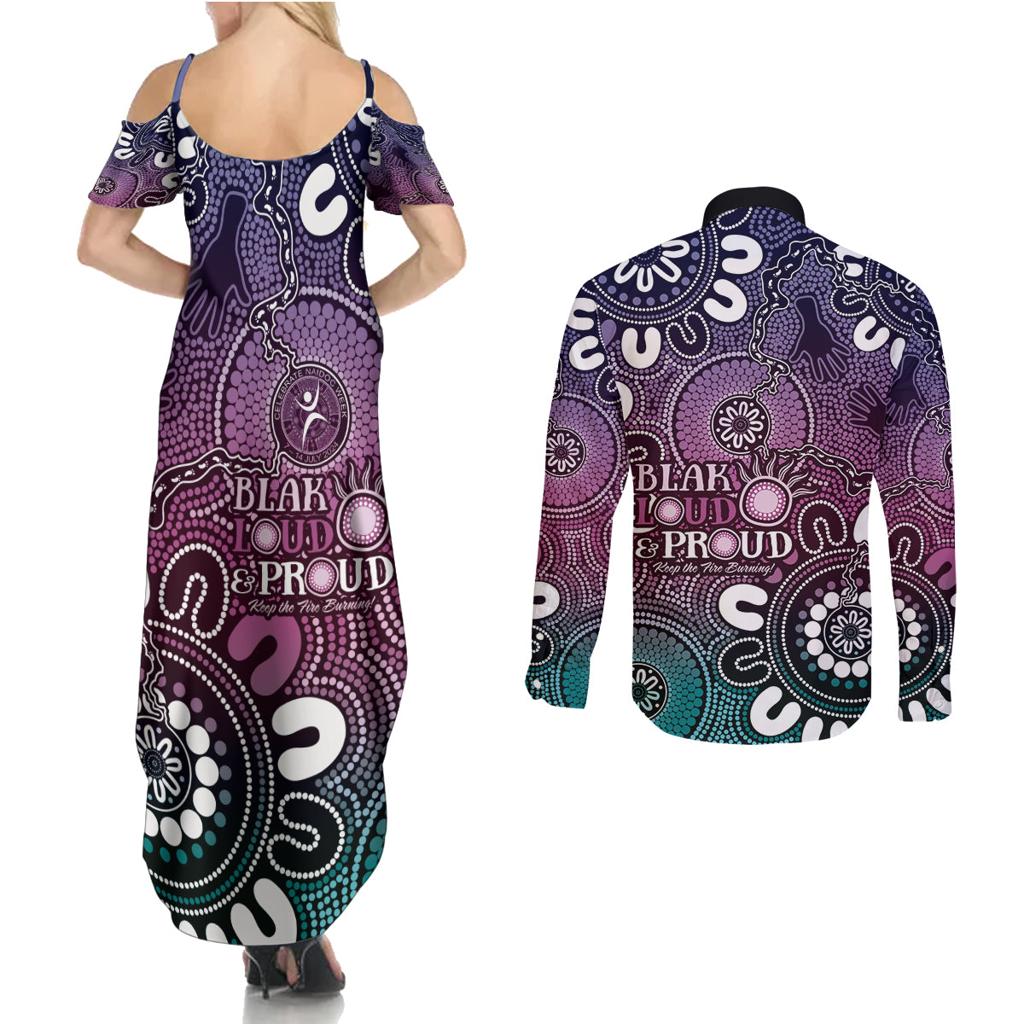 NAIDOC Week 2024 Fire Burning Couples Matching Summer Maxi Dress and Long Sleeve Button Shirt Aboriginal Dots Pink Art