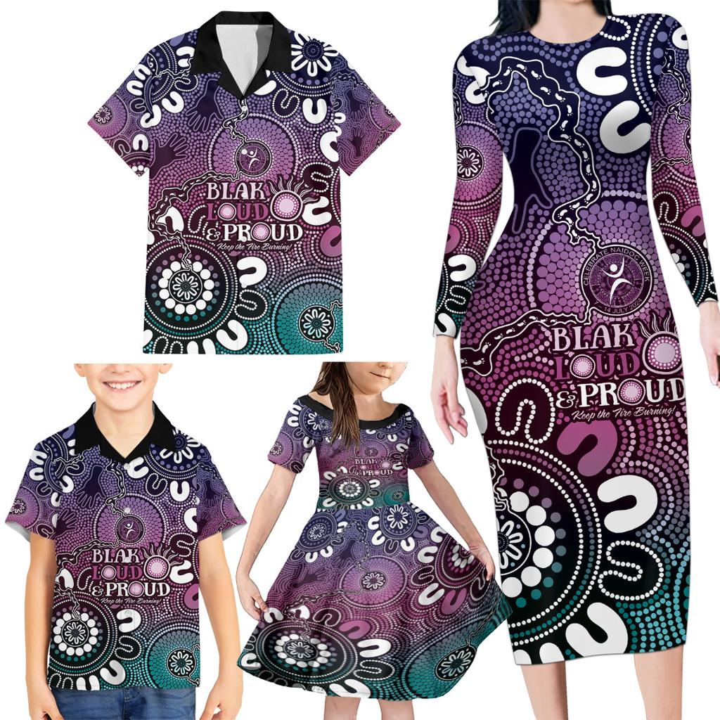 NAIDOC Week 2024 Fire Burning Family Matching Long Sleeve Bodycon Dress and Hawaiian Shirt Aboriginal Dots Pink Art