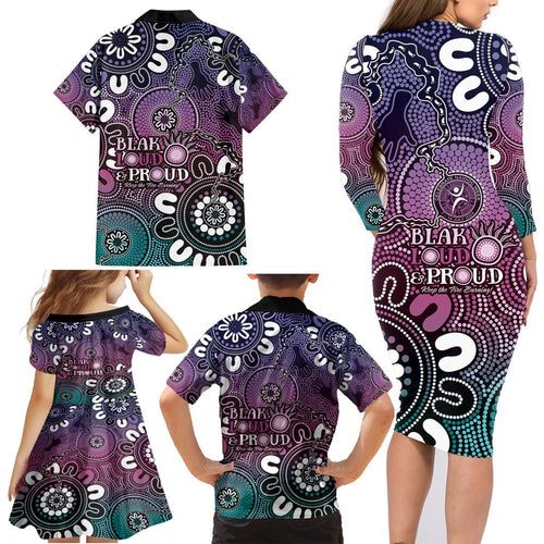 NAIDOC Week 2024 Fire Burning Family Matching Long Sleeve Bodycon Dress and Hawaiian Shirt Aboriginal Dots Pink Art