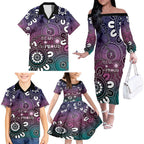 NAIDOC Week 2024 Fire Burning Family Matching Off The Shoulder Long Sleeve Dress and Hawaiian Shirt Aboriginal Dots Pink Art