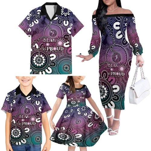 NAIDOC Week 2024 Fire Burning Family Matching Off The Shoulder Long Sleeve Dress and Hawaiian Shirt Aboriginal Dots Pink Art