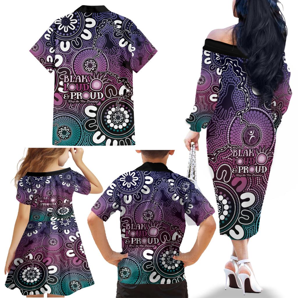 NAIDOC Week 2024 Fire Burning Family Matching Off The Shoulder Long Sleeve Dress and Hawaiian Shirt Aboriginal Dots Pink Art