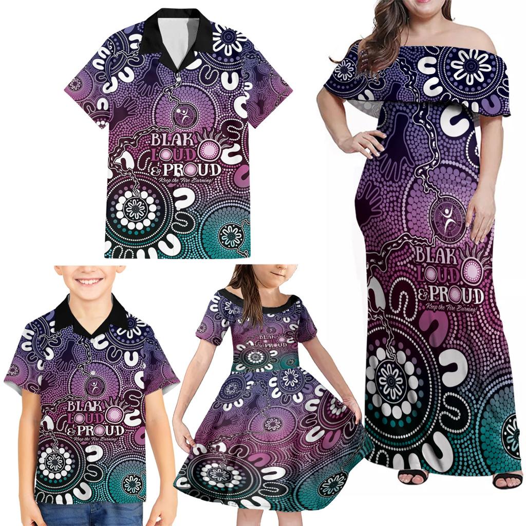NAIDOC Week 2024 Fire Burning Family Matching Off Shoulder Maxi Dress and Hawaiian Shirt Aboriginal Dots Pink Art