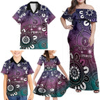 NAIDOC Week 2024 Fire Burning Family Matching Off Shoulder Maxi Dress and Hawaiian Shirt Aboriginal Dots Pink Art