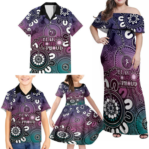 NAIDOC Week 2024 Fire Burning Family Matching Off Shoulder Maxi Dress and Hawaiian Shirt Aboriginal Dots Pink Art
