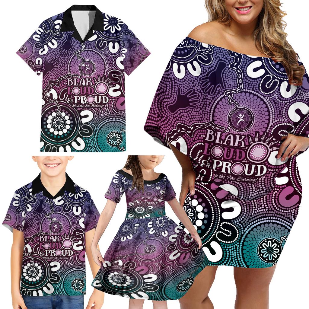 NAIDOC Week 2024 Fire Burning Family Matching Off Shoulder Short Dress and Hawaiian Shirt Aboriginal Dots Pink Art