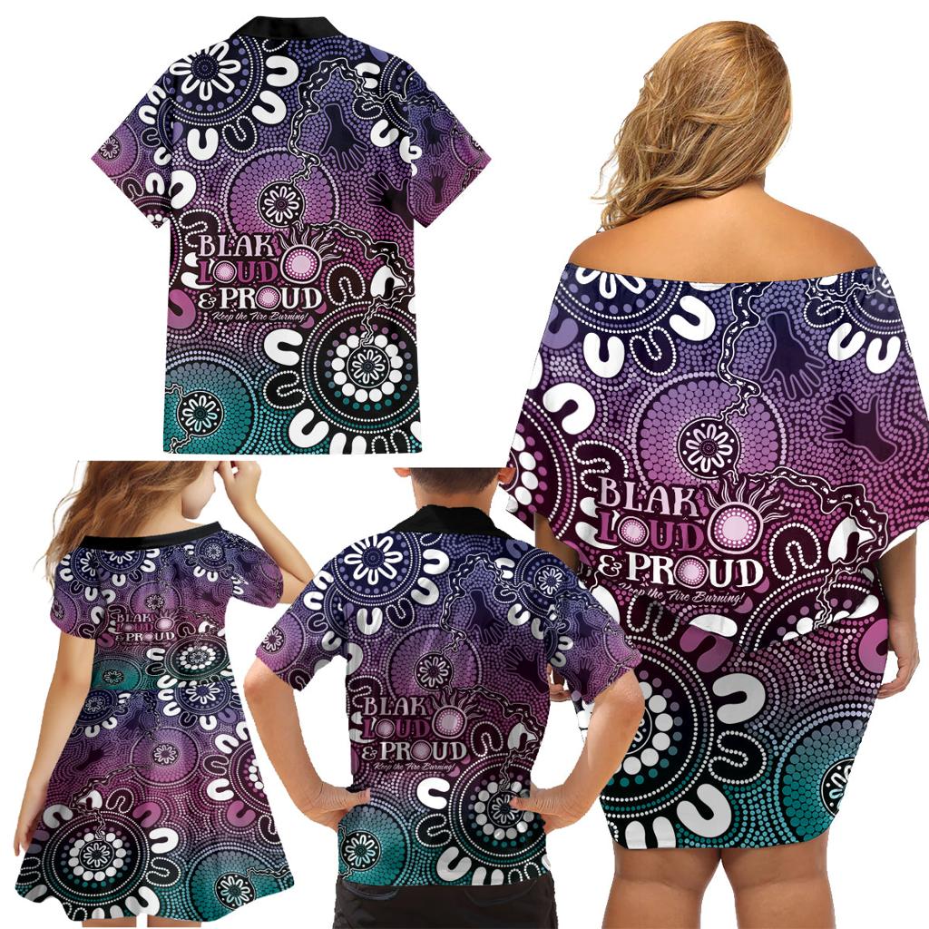 NAIDOC Week 2024 Fire Burning Family Matching Off Shoulder Short Dress and Hawaiian Shirt Aboriginal Dots Pink Art