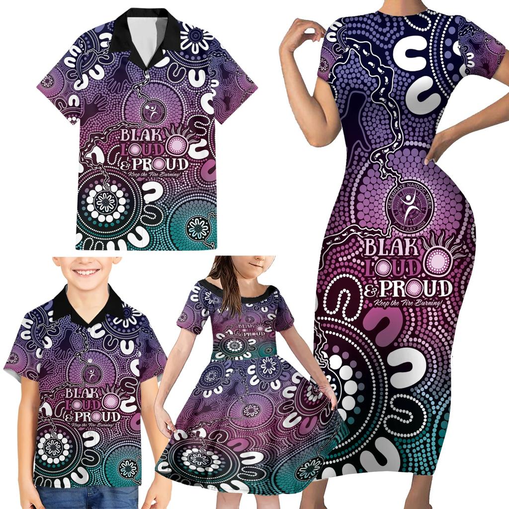 NAIDOC Week 2024 Fire Burning Family Matching Short Sleeve Bodycon Dress and Hawaiian Shirt Aboriginal Dots Pink Art