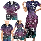 NAIDOC Week 2024 Fire Burning Family Matching Short Sleeve Bodycon Dress and Hawaiian Shirt Aboriginal Dots Pink Art