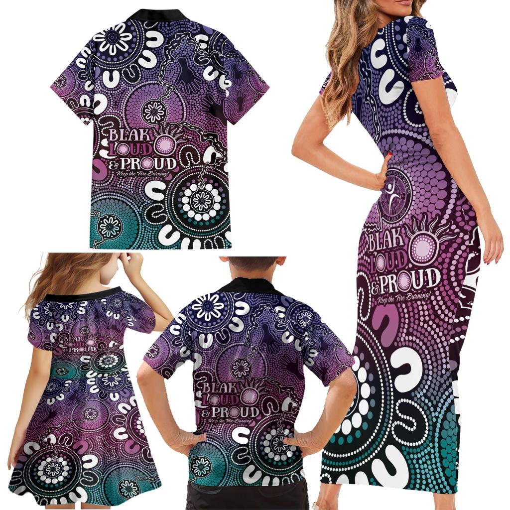 NAIDOC Week 2024 Fire Burning Family Matching Short Sleeve Bodycon Dress and Hawaiian Shirt Aboriginal Dots Pink Art