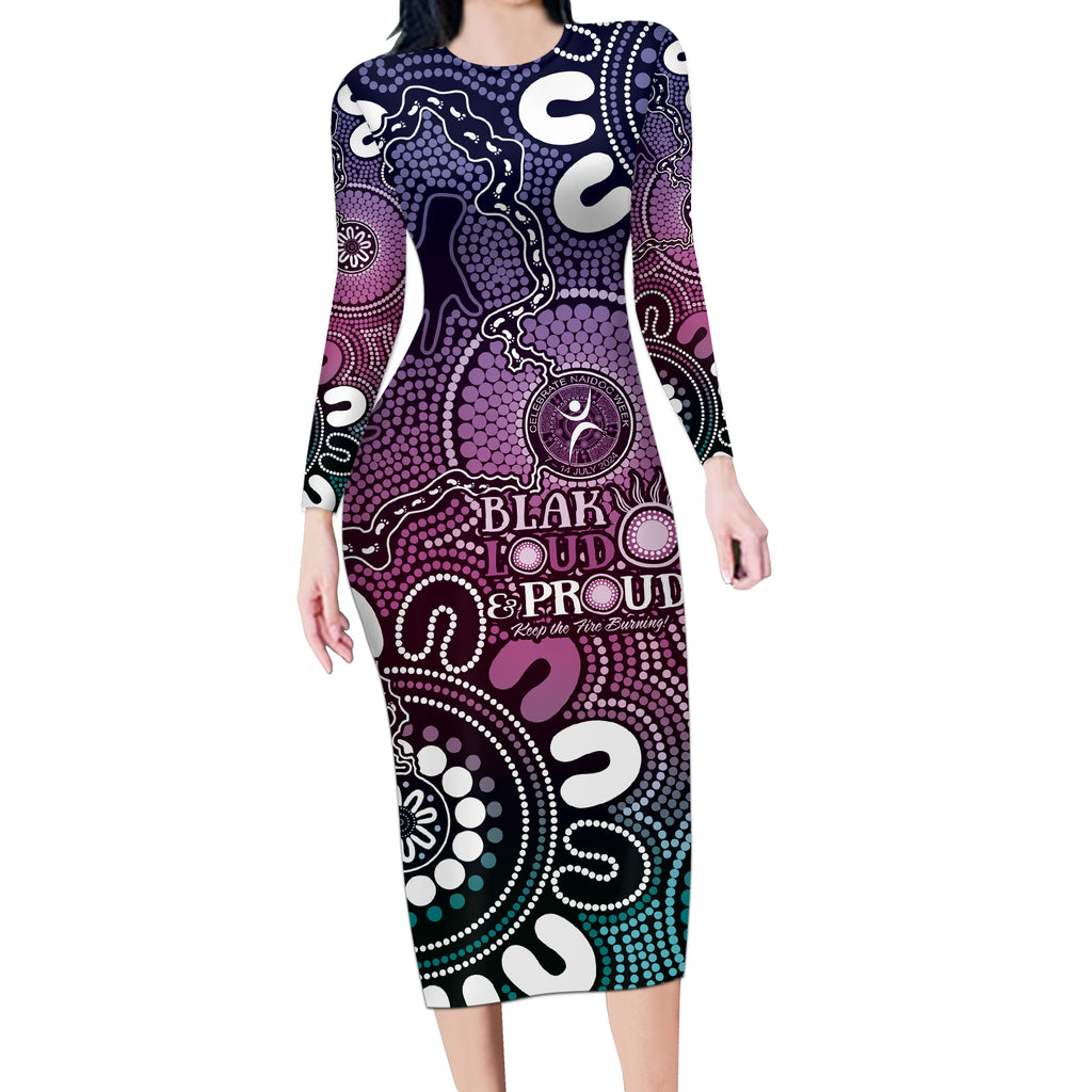 NAIDOC Week 2024 Fire Burning Long Sleeve Bodycon Dress Aboriginal Dots Pink Art