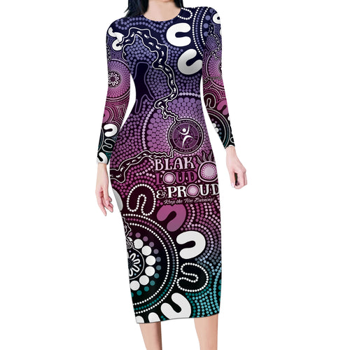 NAIDOC Week 2024 Fire Burning Long Sleeve Bodycon Dress Aboriginal Dots Pink Art