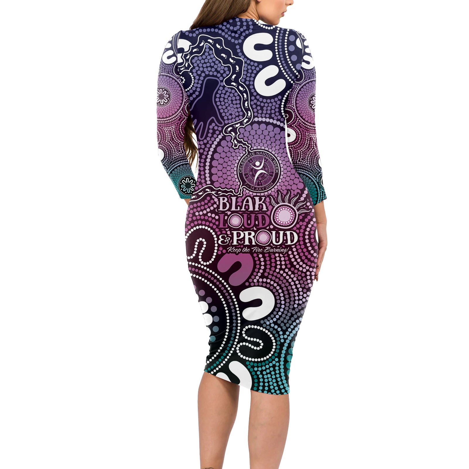 NAIDOC Week 2024 Fire Burning Long Sleeve Bodycon Dress Aboriginal Dots Pink Art