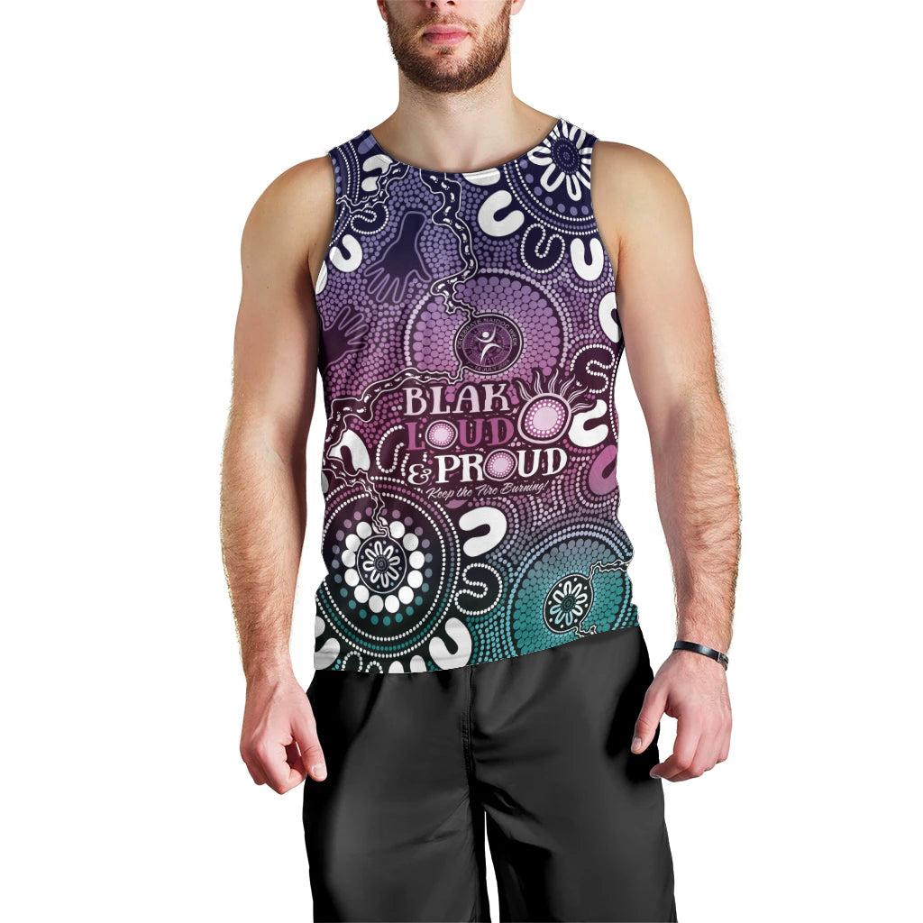 NAIDOC Week 2024 Fire Burning Men Tank Top Aboriginal Dots Pink Art