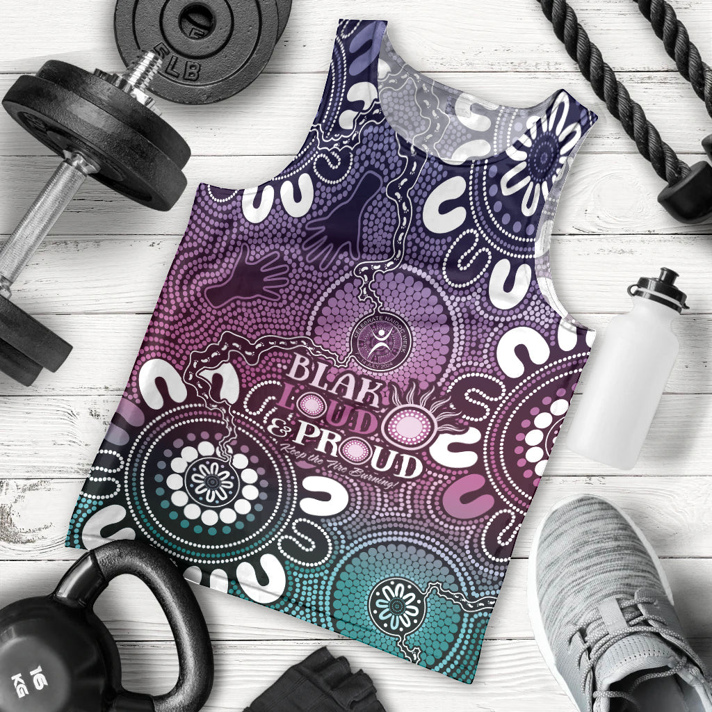 NAIDOC Week 2024 Fire Burning Men Tank Top Aboriginal Dots Pink Art
