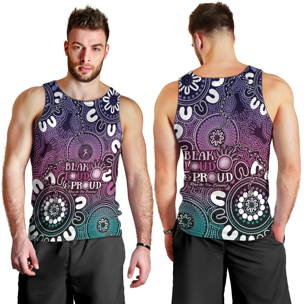 NAIDOC Week 2024 Fire Burning Men Tank Top Aboriginal Dots Pink Art