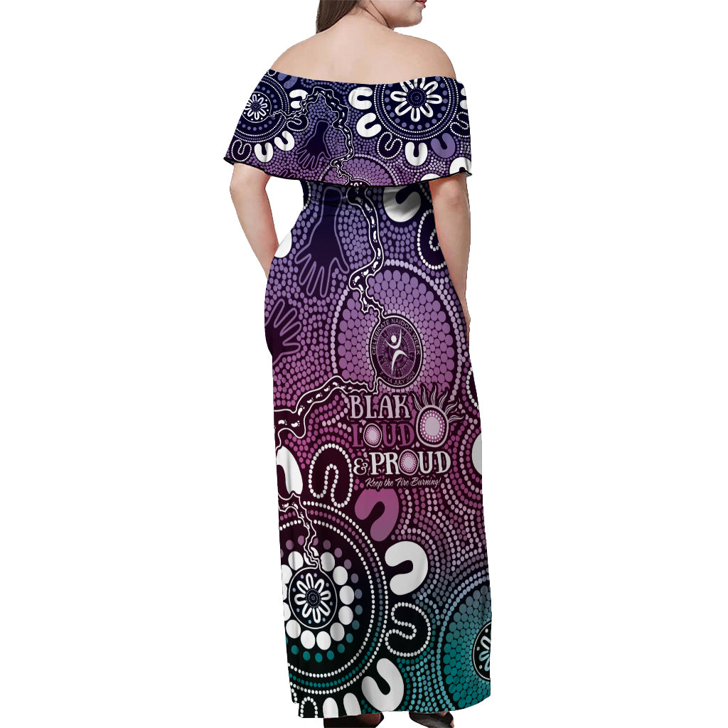 NAIDOC Week 2024 Fire Burning Off Shoulder Maxi Dress Aboriginal Dots Pink Art
