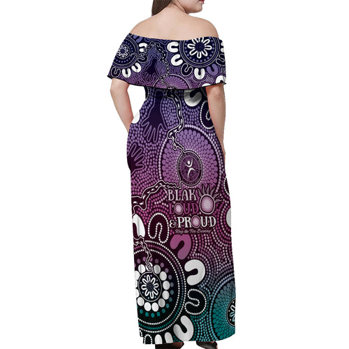 NAIDOC Week 2024 Fire Burning Off Shoulder Maxi Dress Aboriginal Dots Pink Art