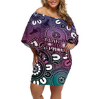 NAIDOC Week 2024 Fire Burning Off Shoulder Short Dress Aboriginal Dots Pink Art