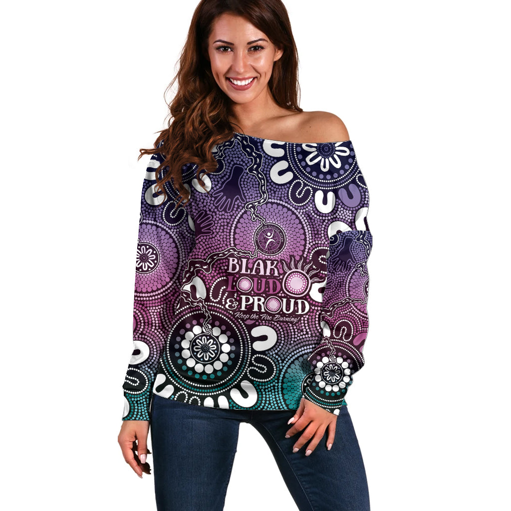 NAIDOC Week 2024 Fire Burning Off Shoulder Sweater Aboriginal Dots Pink Art