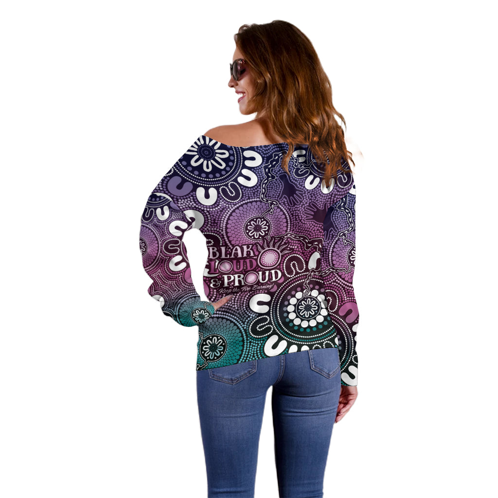 NAIDOC Week 2024 Fire Burning Off Shoulder Sweater Aboriginal Dots Pink Art